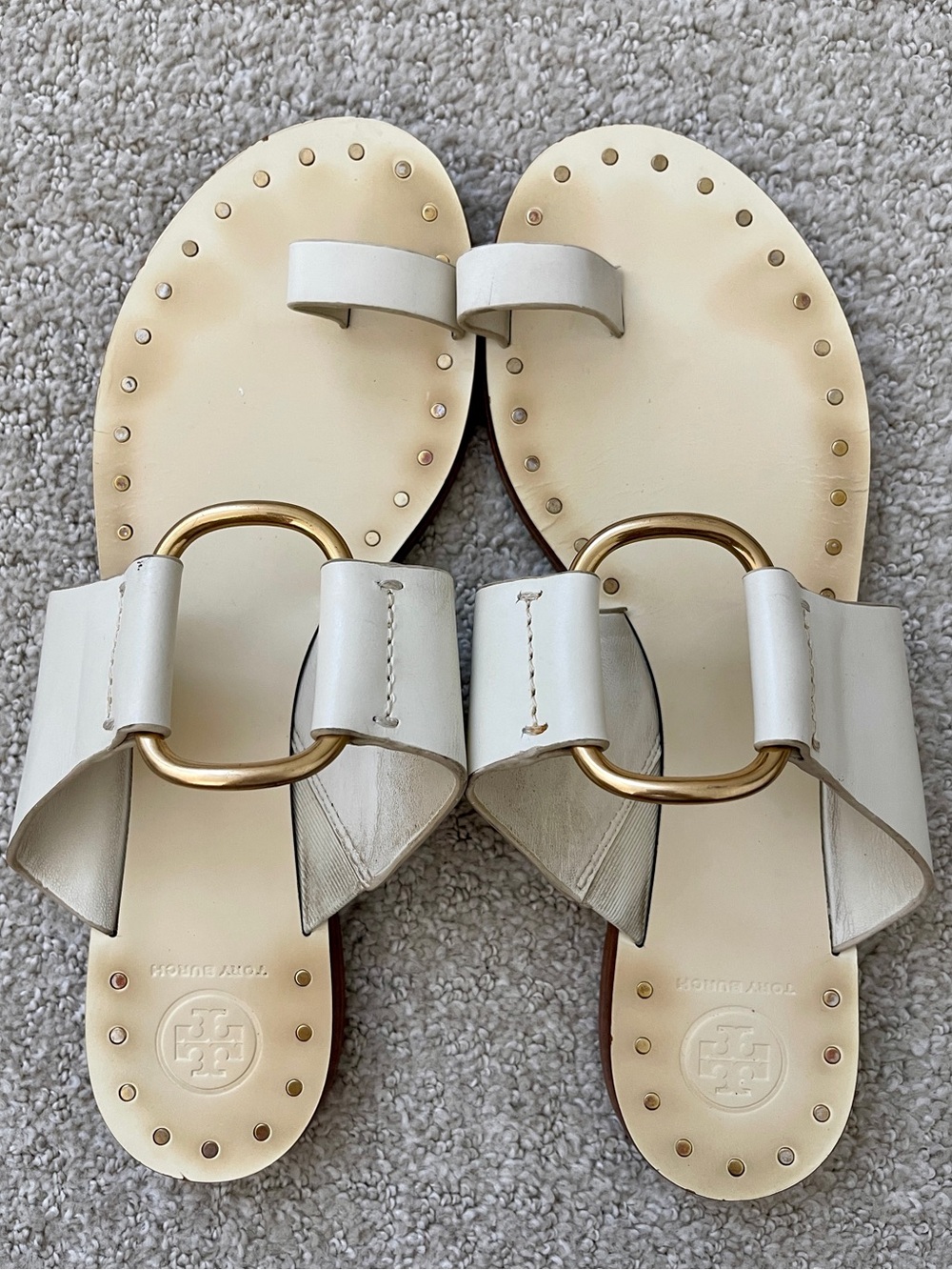 TORY BURCH Ravello Cream Leather Gold Ring-Detail Toe Slide Sandals 9.5